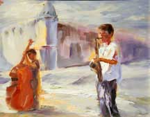 oil painting of Los Gatos jazz musicians