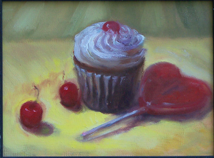 Painting Cupcake with Cherries and wild cherry heart