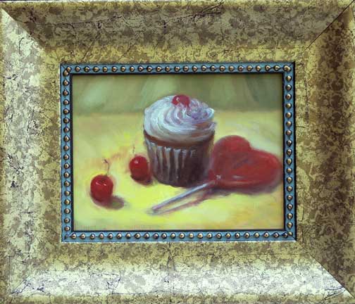 painting  Cupcake with Cherries and wild cherry heart