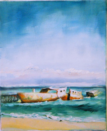oil painting of deralict ship