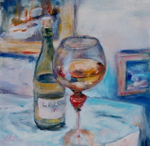 oil painting of chardonny wine bottle and glass