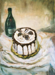 oil painting of a cake w a bottle of champagne