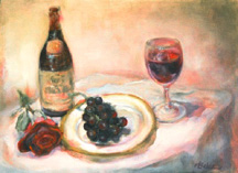 Oil painting of grapes, wine, wine glass and fine china