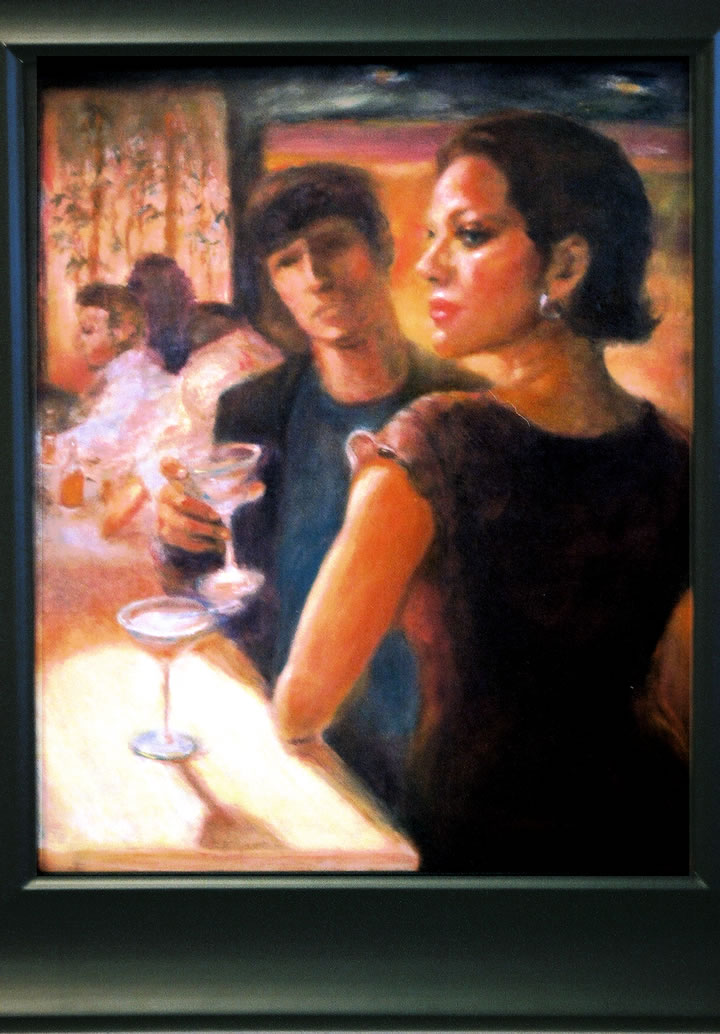 oil painting of woman at the bar