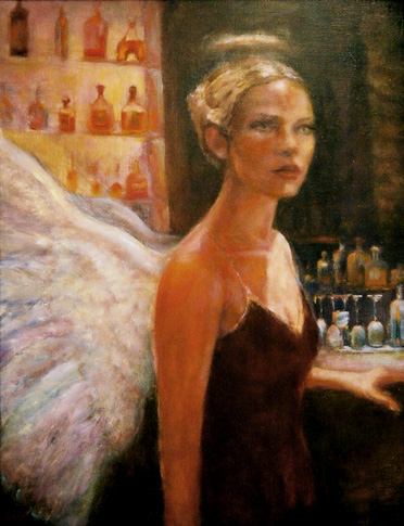 oil painting of woman at the bar