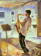 oil painting of sax player